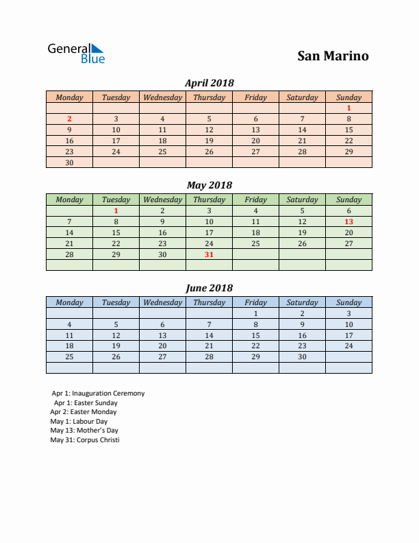 Q2 2018 Holiday Calendar - San Marino