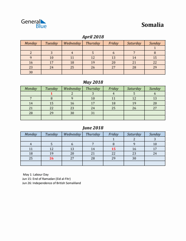 Q2 2018 Holiday Calendar - Somalia