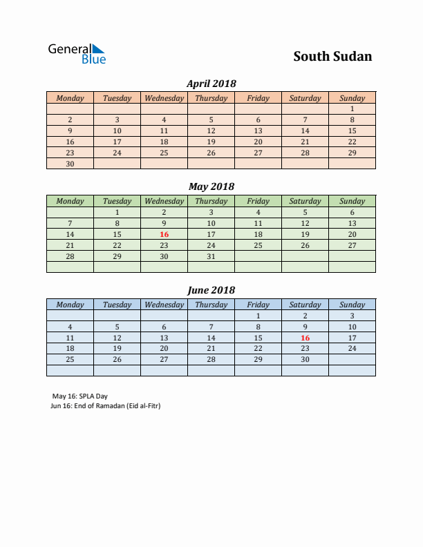 Q2 2018 Holiday Calendar - South Sudan