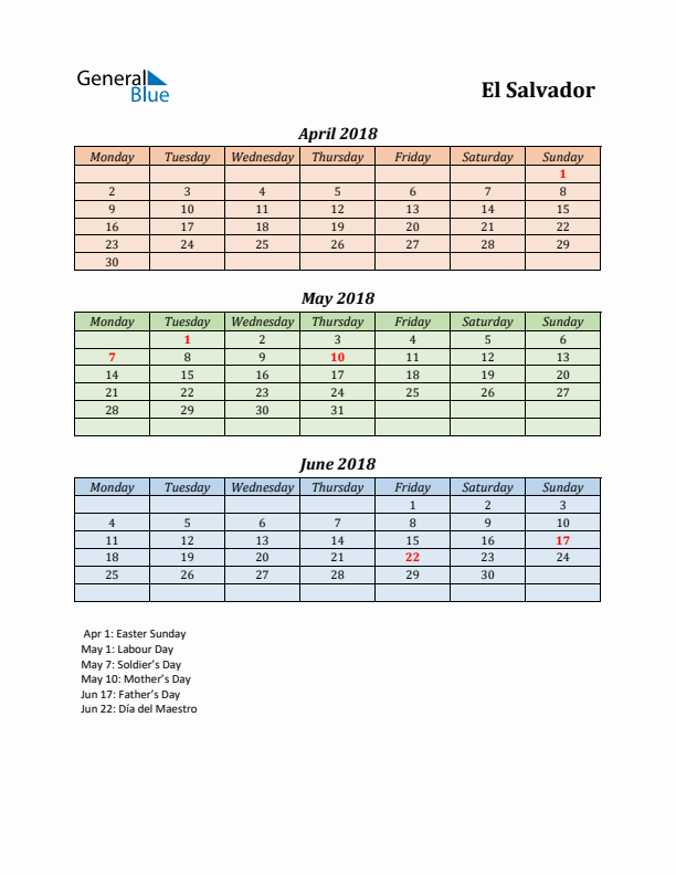 Q2 2018 Holiday Calendar - El Salvador