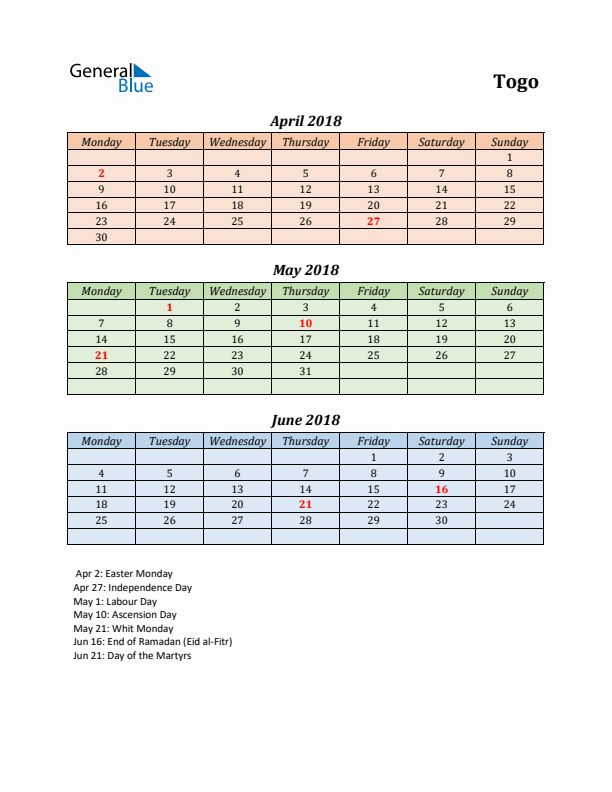 Q2 2018 Holiday Calendar - Togo