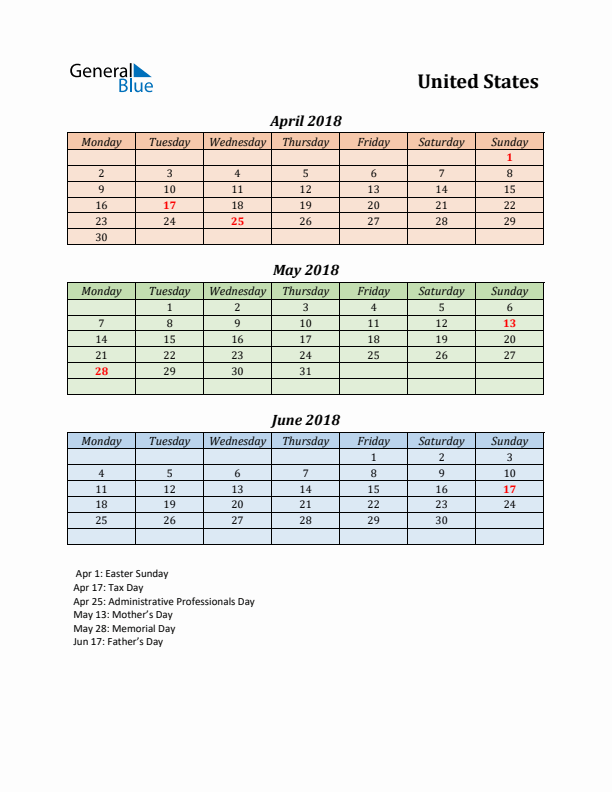 Q2 2018 Holiday Calendar - United States