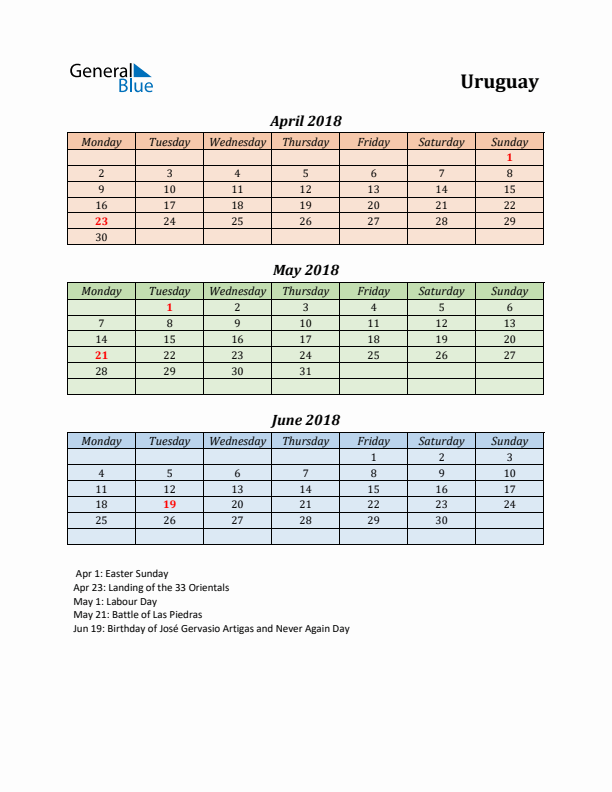 Q2 2018 Holiday Calendar - Uruguay