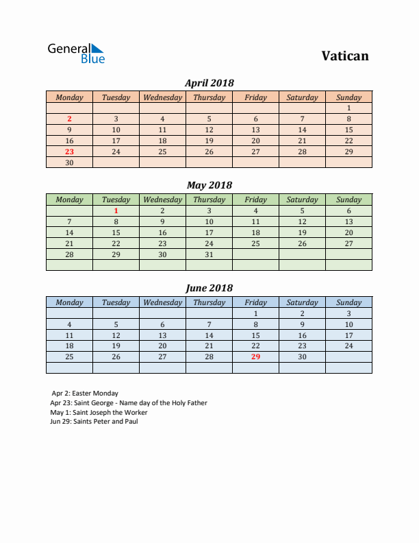 Q2 2018 Holiday Calendar - Vatican