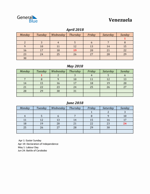 Q2 2018 Holiday Calendar - Venezuela