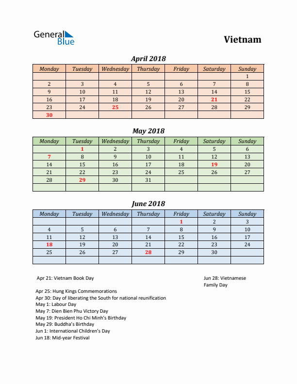 Q2 2018 Holiday Calendar - Vietnam