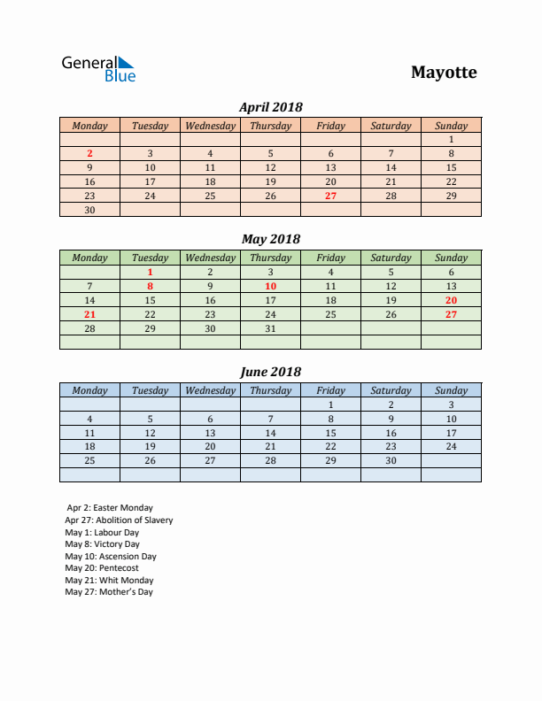 Q2 2018 Holiday Calendar - Mayotte