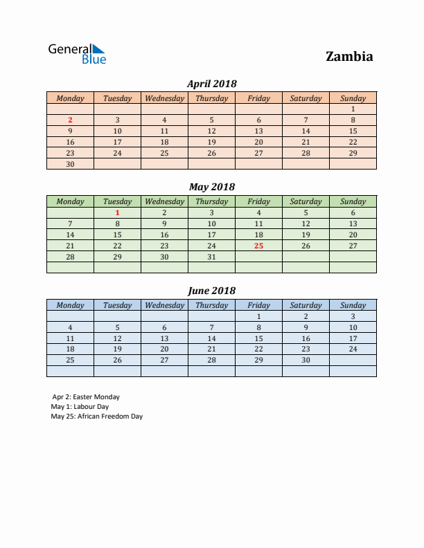 Q2 2018 Holiday Calendar - Zambia