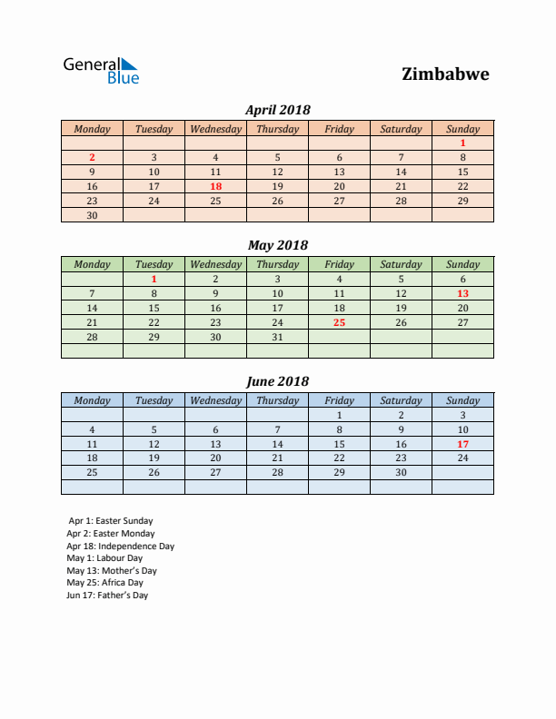 Q2 2018 Holiday Calendar - Zimbabwe