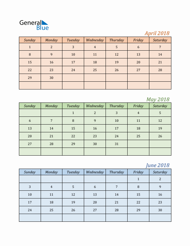 Three-Month Calendar for Year 2018 (April, May, and June)