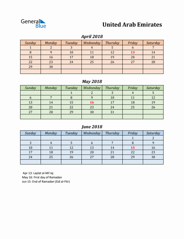 Q2 2018 Holiday Calendar - United Arab Emirates