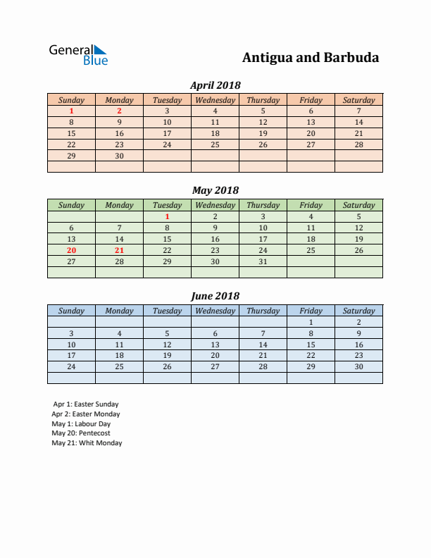 Q2 2018 Holiday Calendar - Antigua and Barbuda