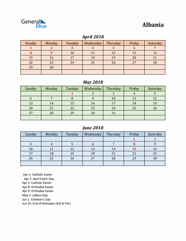 Q2 2018 Holiday Calendar - Albania