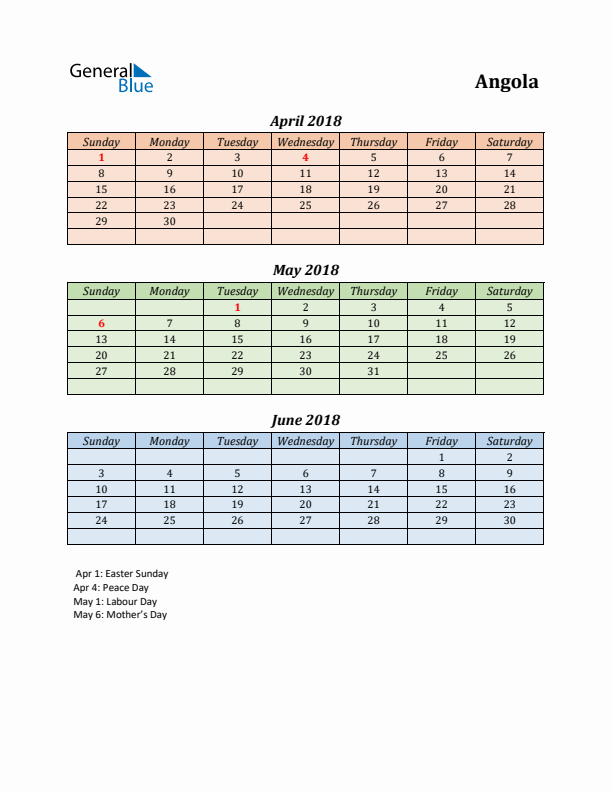 Q2 2018 Holiday Calendar - Angola