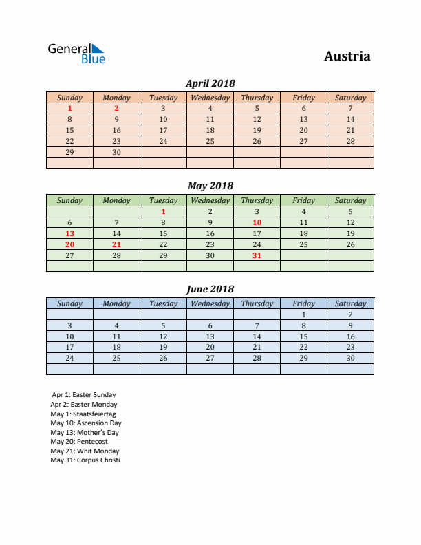 Q2 2018 Holiday Calendar - Austria