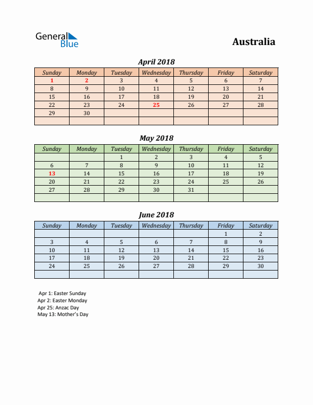 Q2 2018 Holiday Calendar - Australia