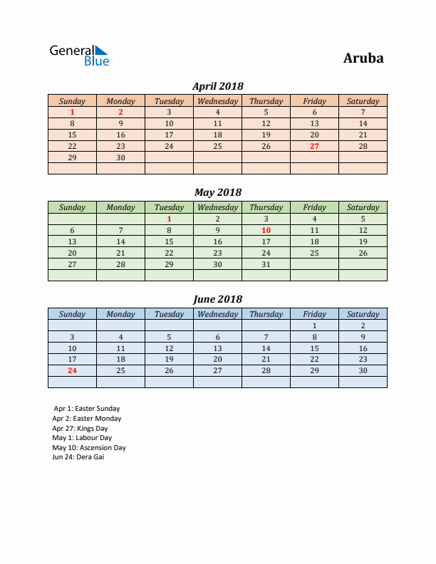 Q2 2018 Holiday Calendar - Aruba