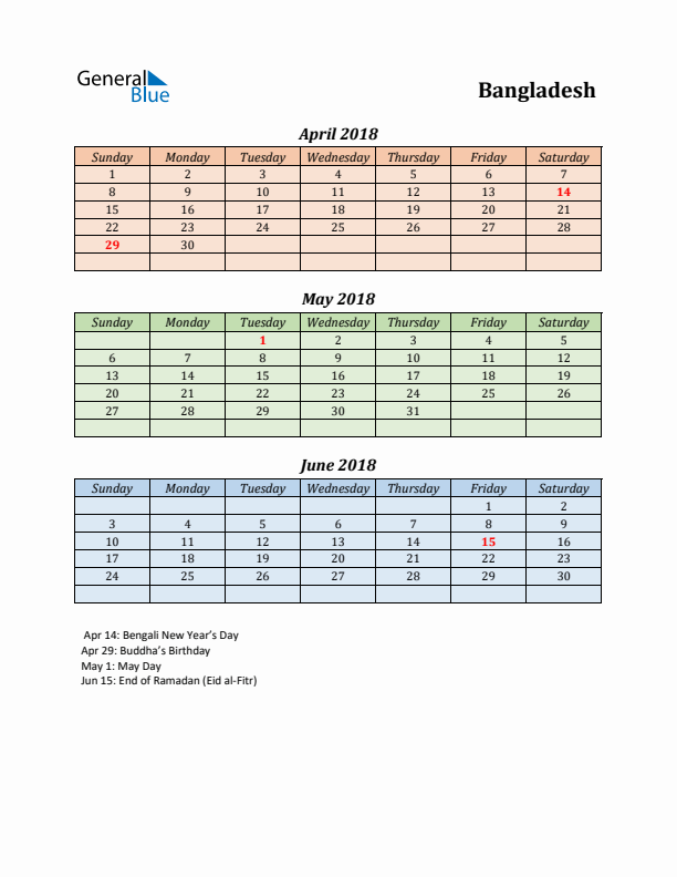 Q2 2018 Holiday Calendar - Bangladesh