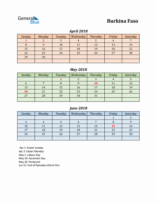 Q2 2018 Holiday Calendar - Burkina Faso