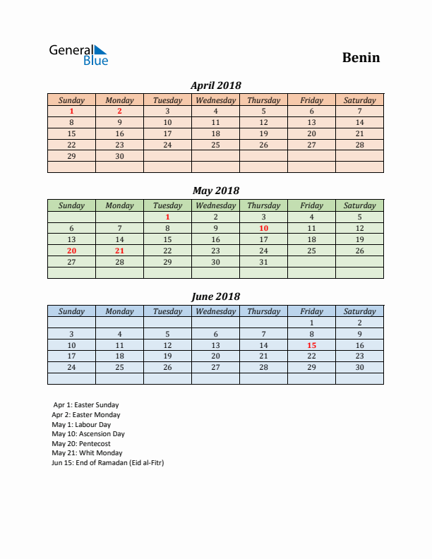 Q2 2018 Holiday Calendar - Benin