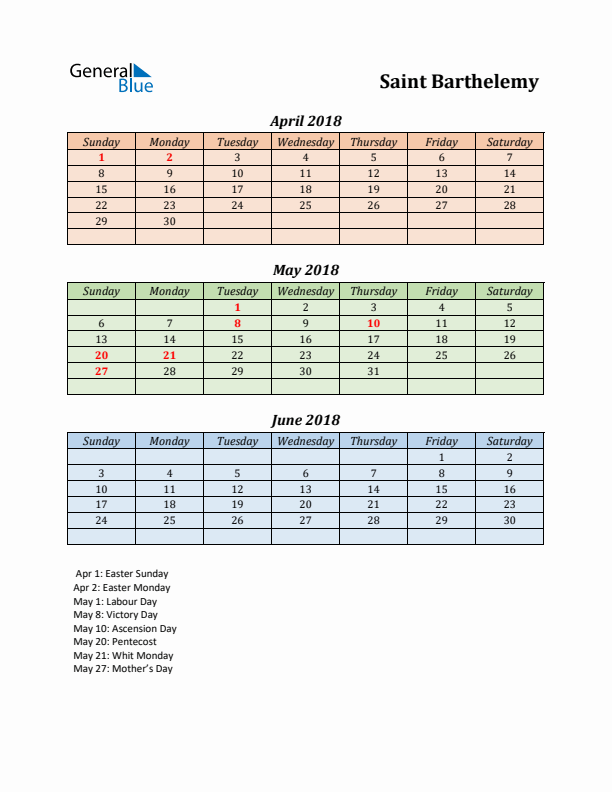 Q2 2018 Holiday Calendar - Saint Barthelemy