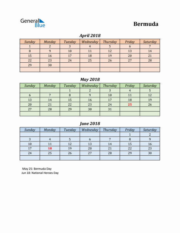 Q2 2018 Holiday Calendar - Bermuda