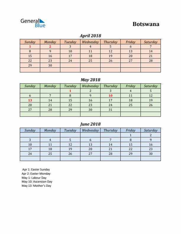 Q2 2018 Holiday Calendar - Botswana