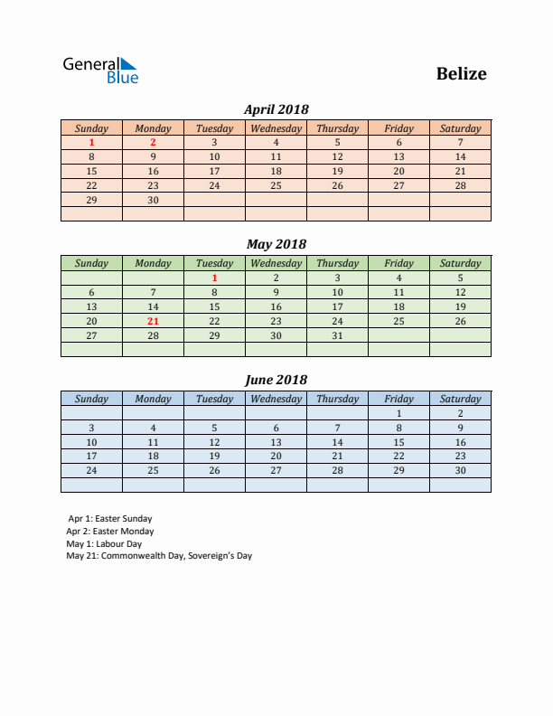 Q2 2018 Holiday Calendar - Belize