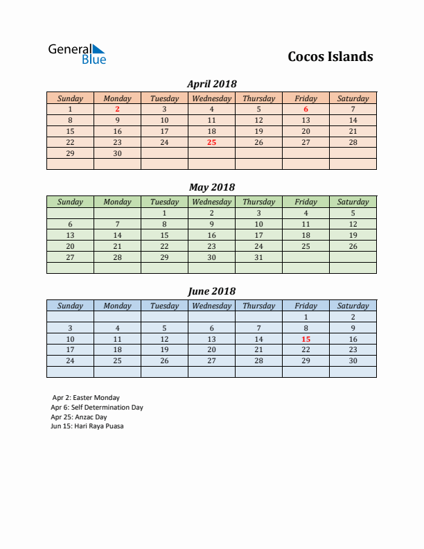 Q2 2018 Holiday Calendar - Cocos Islands