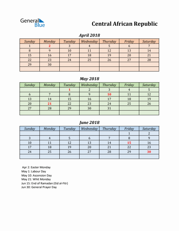 Q2 2018 Holiday Calendar - Central African Republic