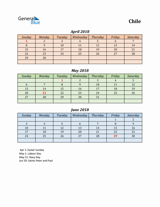 Q2 2018 Holiday Calendar - Chile