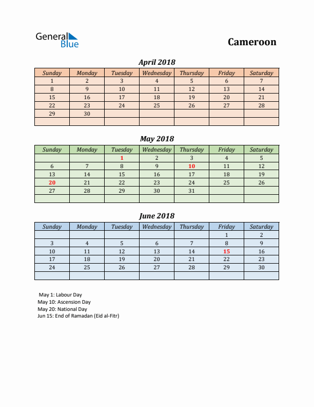 Q2 2018 Holiday Calendar - Cameroon