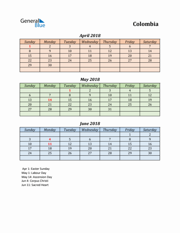 Q2 2018 Holiday Calendar - Colombia