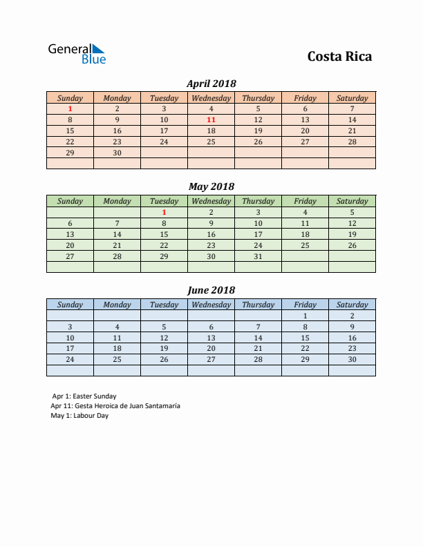 Q2 2018 Holiday Calendar - Costa Rica