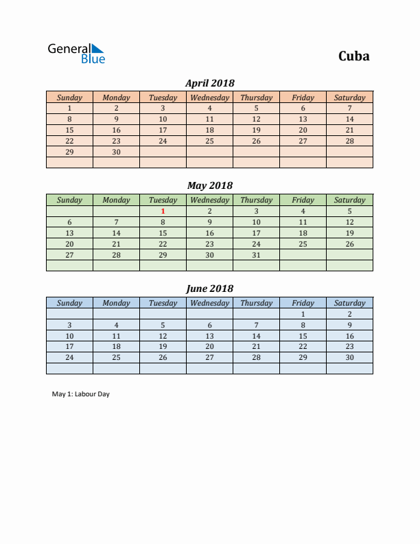 Q2 2018 Holiday Calendar - Cuba