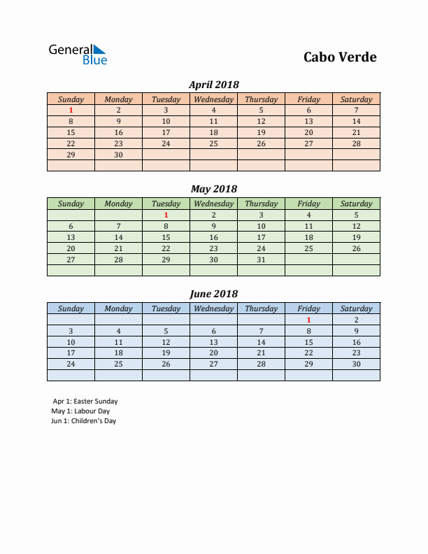 Q2 2018 Holiday Calendar - Cabo Verde