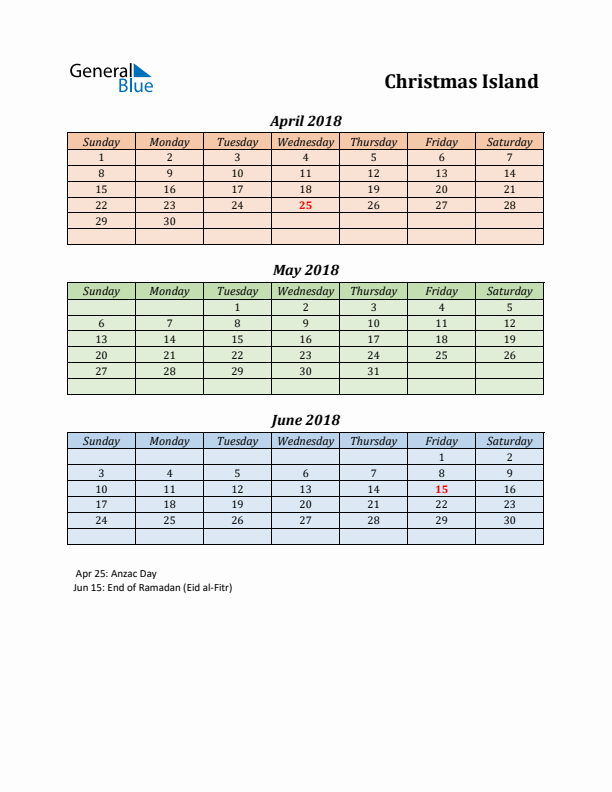 Q2 2018 Holiday Calendar - Christmas Island