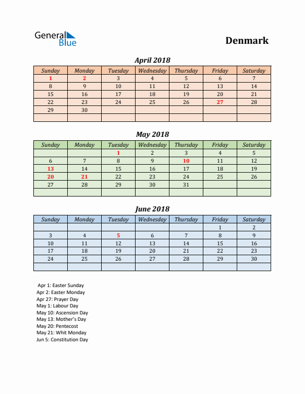 Q2 2018 Holiday Calendar - Denmark