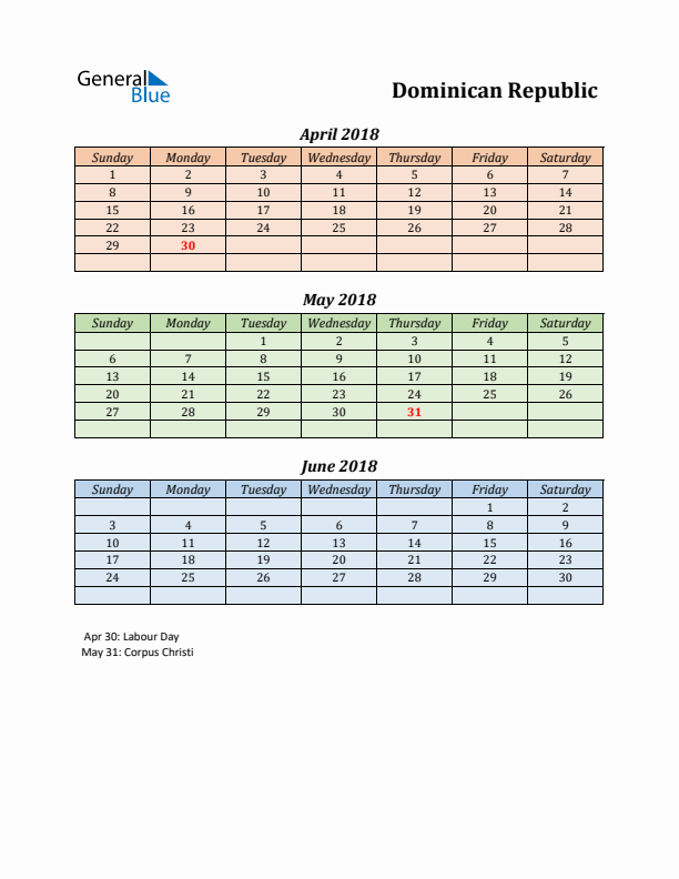 Q2 2018 Holiday Calendar - Dominican Republic