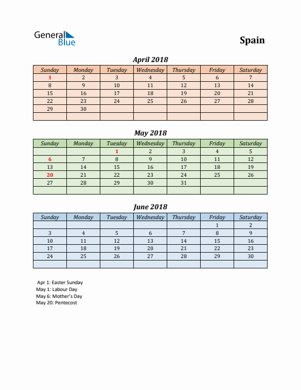 Q2 2018 Holiday Calendar - Spain