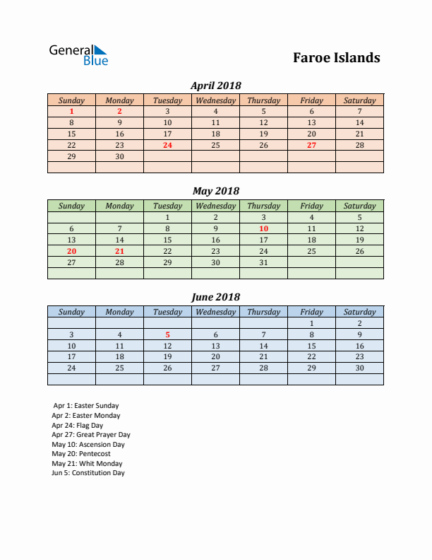 Q2 2018 Holiday Calendar - Faroe Islands