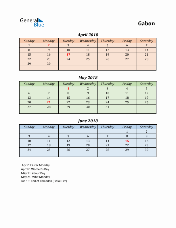 Q2 2018 Holiday Calendar - Gabon