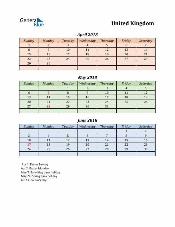 Q2 2018 Holiday Calendar - United Kingdom