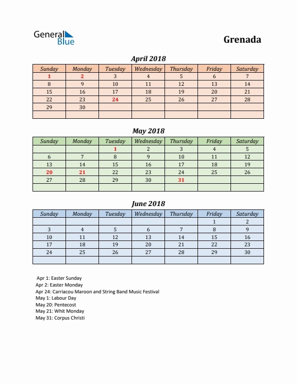 Q2 2018 Holiday Calendar - Grenada