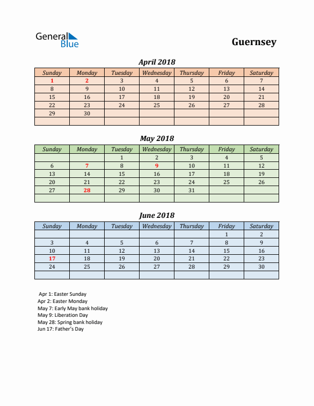 Q2 2018 Holiday Calendar - Guernsey