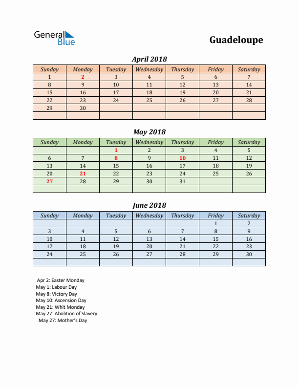 Q2 2018 Holiday Calendar - Guadeloupe