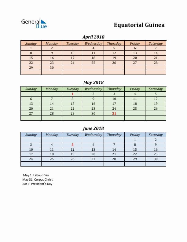 Q2 2018 Holiday Calendar - Equatorial Guinea