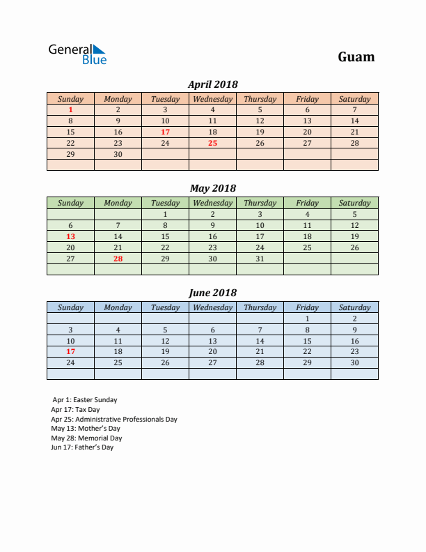 Q2 2018 Holiday Calendar - Guam