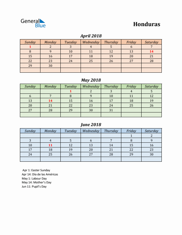 Q2 2018 Holiday Calendar - Honduras