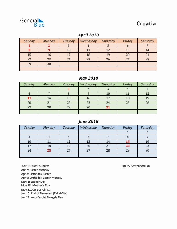 Q2 2018 Holiday Calendar - Croatia